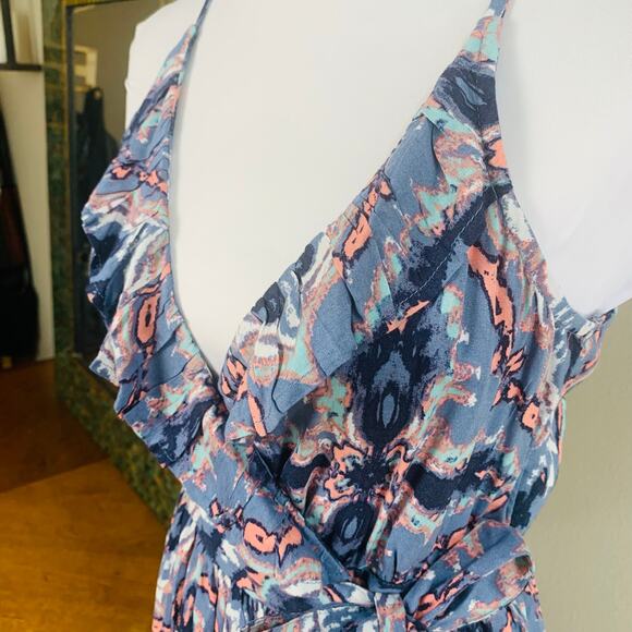 NEW Roxy Size M Rooftop Sunrise Strappy Midi Wrap Dress Blue V-Neck Bohemian - Picture 7 of 15